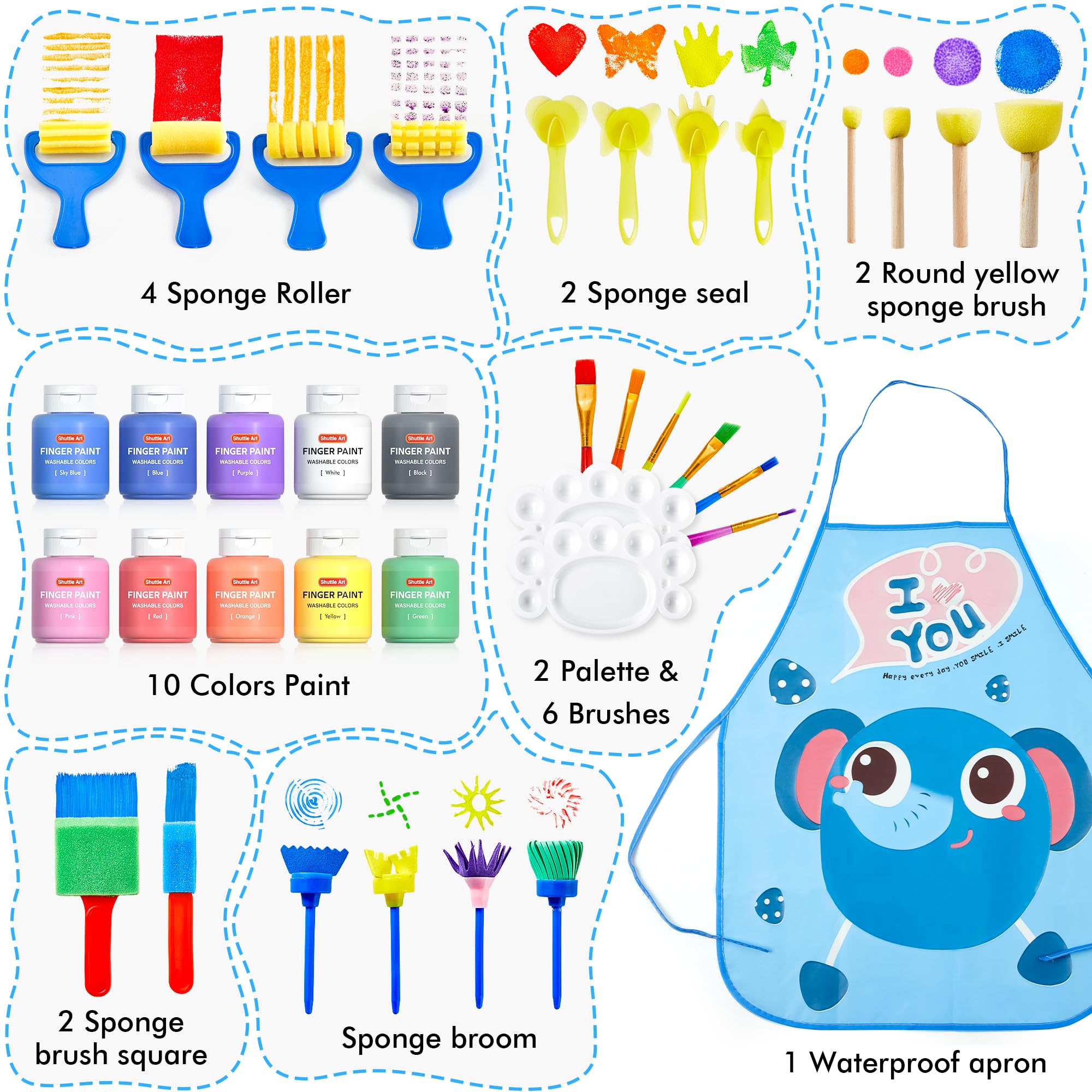 Kids Washable Finger Paints Set, Shuttle Art 33 Pack Non Toxic Kids Painting Set with 10 Colours (60ml) Finger Paints, Paint Pad, Sponge Paint Brushes, Eco Natural for Children and Toddler