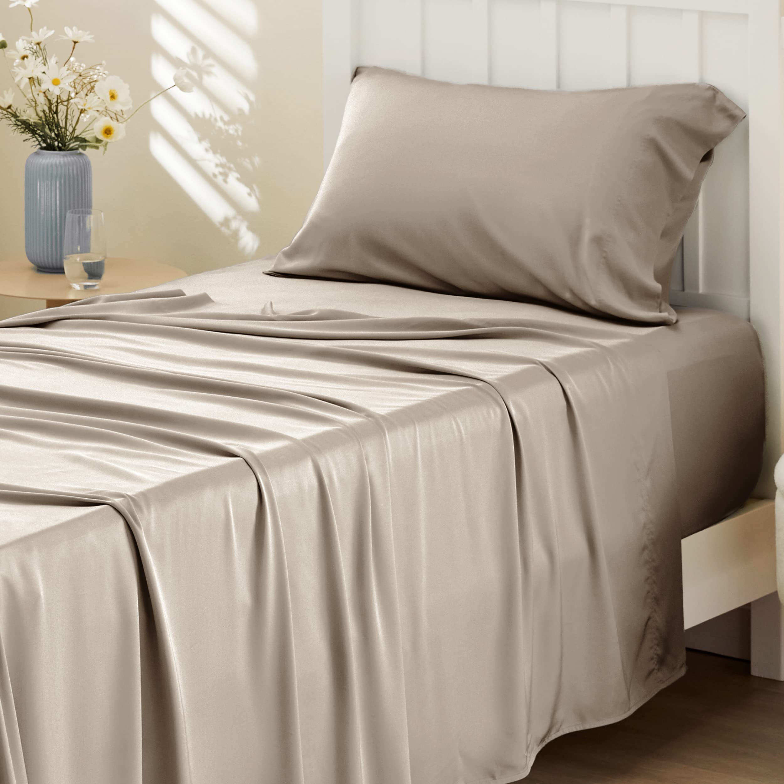 Photo 1 of Bedsure Cooling Sheets Twin, Rayon Derived from Bamboo, Breathable & Soft Twin Sheets Set, Deep Pocket Up to 16 Inches, Hotel Luxury Silky Bedding for Hot Sleepers, Simply Taupe