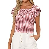 Allegra K Gingham Tops for Women Summer Cute Cap Sleeve Square Neck Plaid Shirts Casual Blouses