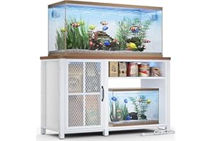 HAIOOU 55-75 Gallon Aquarium Stand with LED Light & Power Outlets, Cross Design Fish Tank Stand Heavy Duty Metal Frame Aquarium Table with Cabinet Storage, Fit for Turtle Tank, 880LBS Loads - White