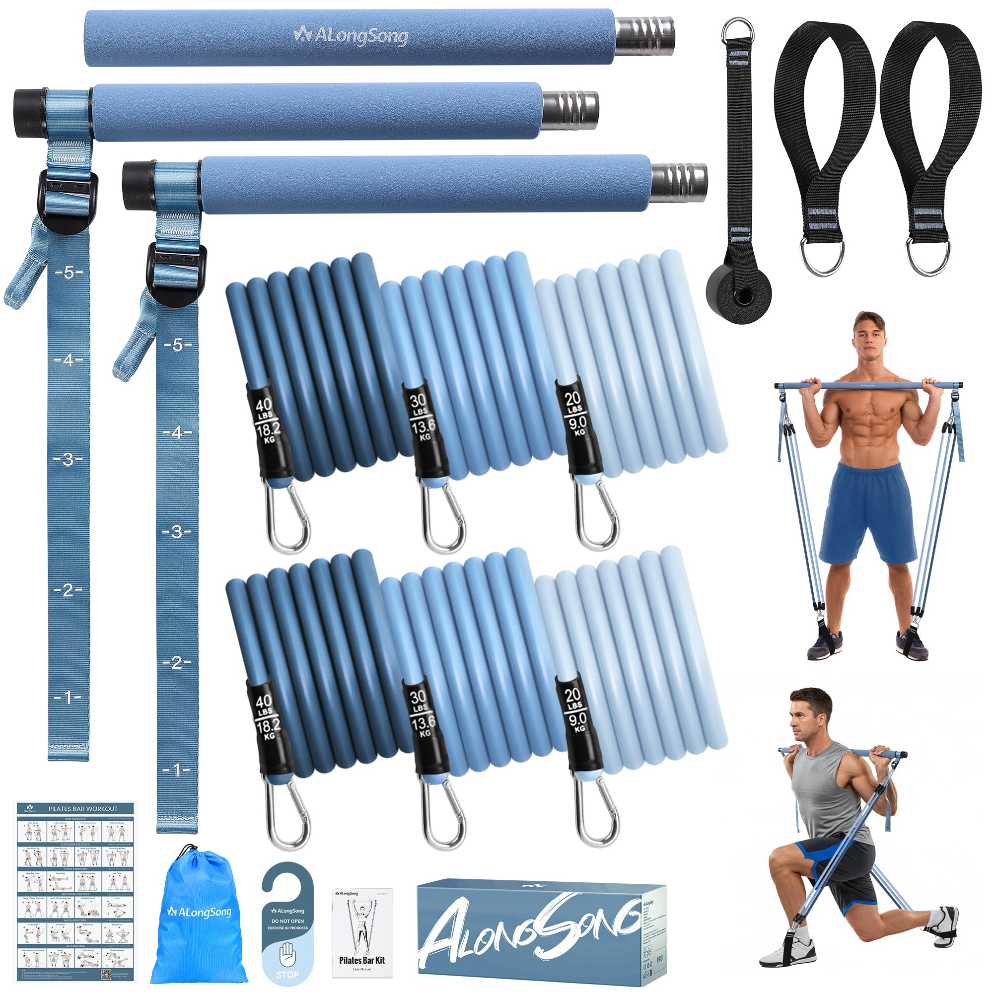 Photo 1 of ALongSong Upgraded Pilates Bar Kit with Resistance Bands Natural Latex, Adjustable Exercise Equipment Multifunctional Yoga Pilates Stick for Home Gym Supports Full-Body, Denim Blue