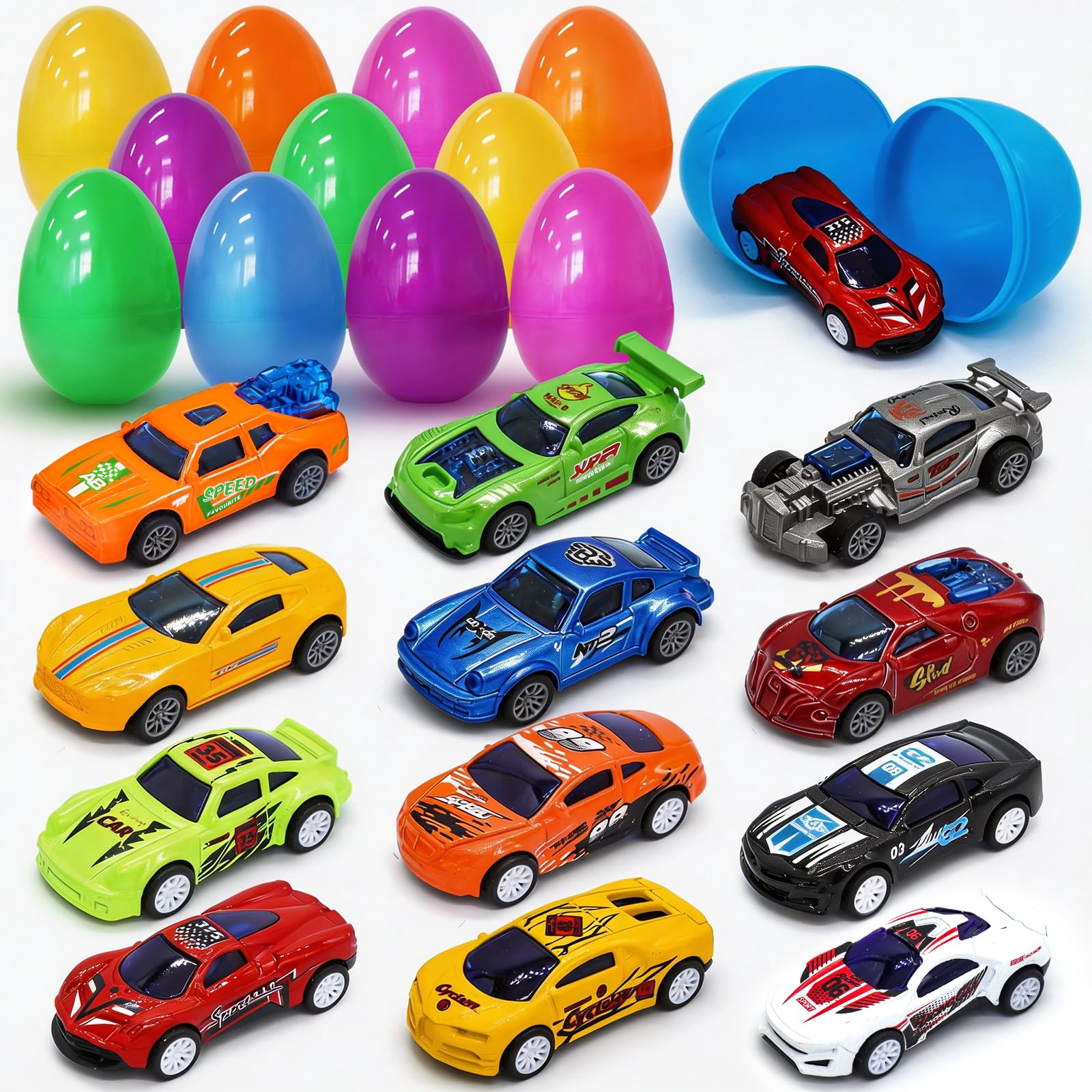 JOHOSEEK 12 Pack Easter Eggs Filled with Die-Cast Cars Toys, Easter Basket Stuffers for Boys Kids Toddlers, Easter Egg Fillers with Toys for Eggs Hunt Classroom Gifts Party Favors Easter Prizes