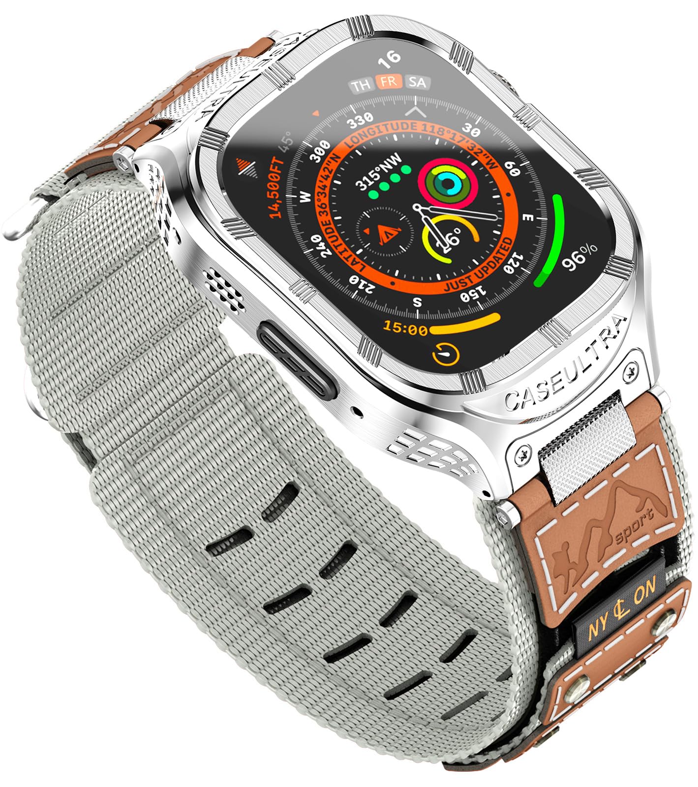 Caseultra Stainless Steel Case and Band Compatible With Apple Watch Band Series 7/8(45mm) Series 6/5/4/SE(44mm) Series 3/2/1(42mm),Rugged Sport Nylon Strap for iWatch Band Men,Green