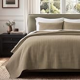 EverGrace 100% Cotton Modern Grid Stitch Quilt Set, King Size, Stone Taupe | Pre-Washed Cotton Coverlet Bedspread, Oversized Lightweight 3-Piece Bedding Set for All Season, with 2 Pillow Shams