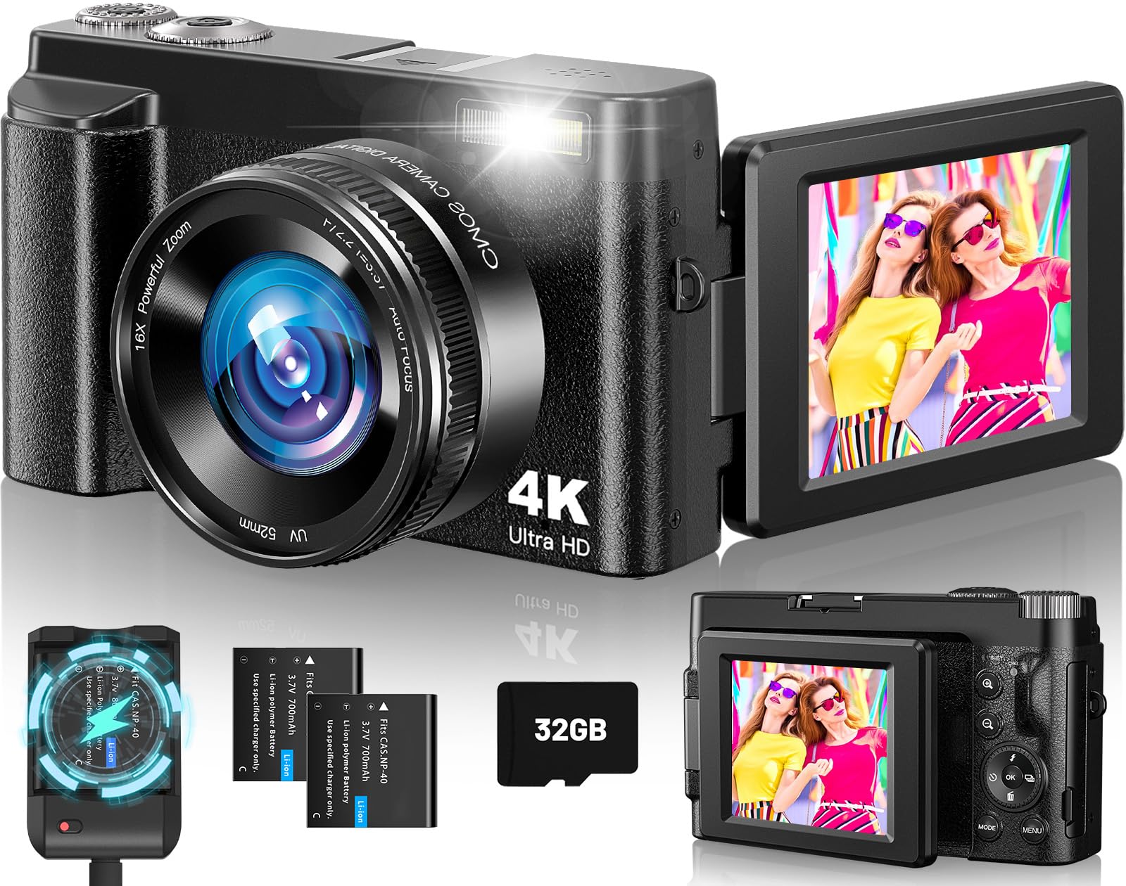 Photo 1 of 4K Digital Camera, 48MP Autofocus Camera for Photography with 3" 180° Flip Screen, 16X Zoom, Flash, 32GB Card, Compact Vlogging Camera for Travel, Teens and Beginners