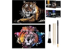 AP ARTSPER 2 PACK Animal Scratch Art Rainbow Painting Paper (Tiger/Lion), Engraving Art & Craft Sets, Creative foil Scratch Art Toys Gift, DIY Sketch Card Scratchboard for Kids & Adults, Women - 16'' x 11.2''