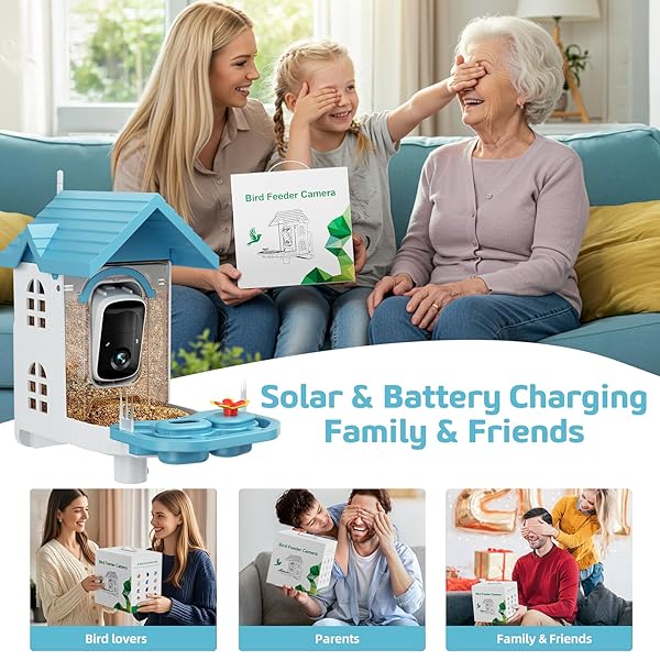 SMART BIRD FEEDER WITH CAMERA, 2K HD SOLAR POWERED BIRDHOUSE WITH CAM FOR OUTDOORS, AI IDENTIFY BIRDS SPECIES, AUTO CAPTURE & REAL-TIME NOTIFICATIONS (BLUE)