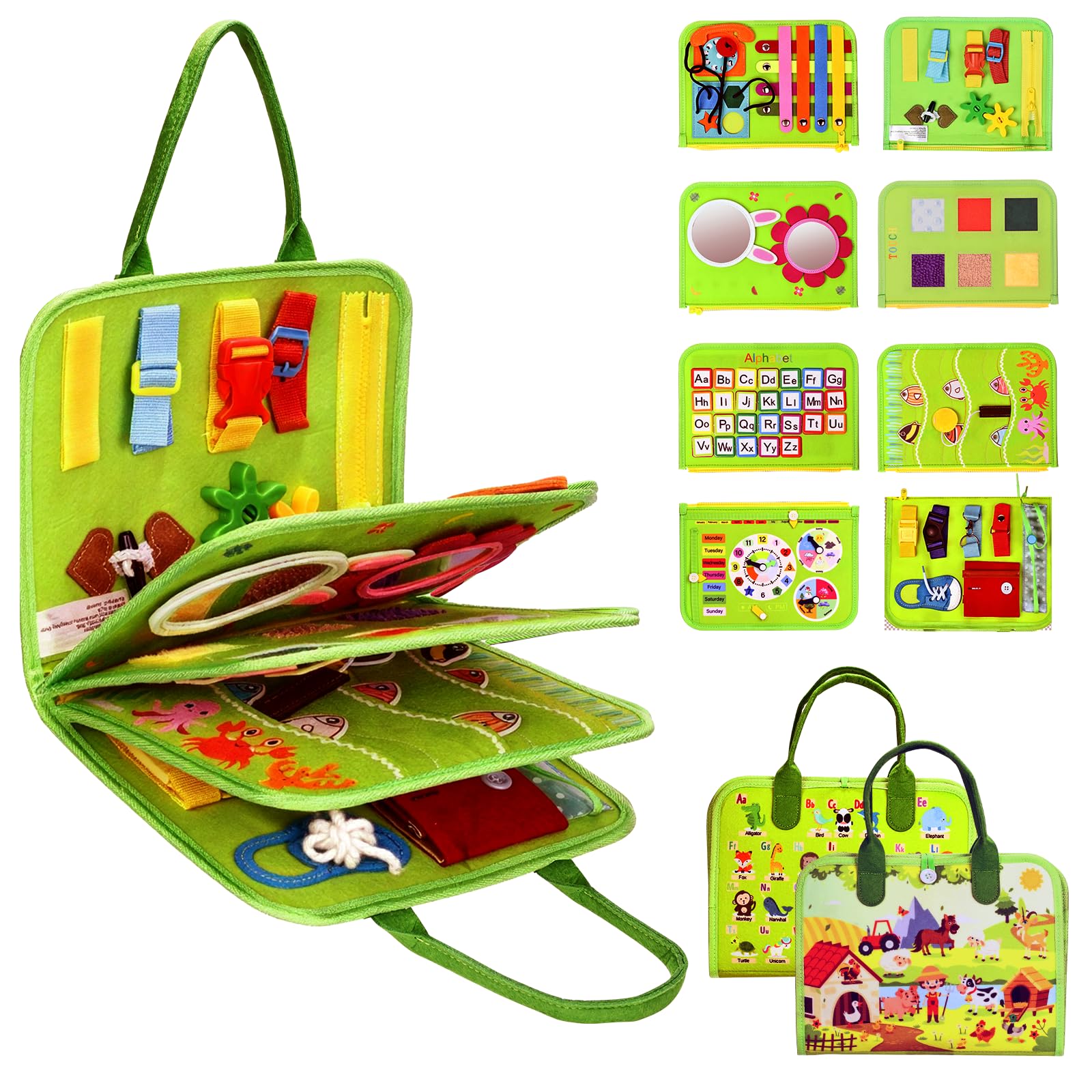 JHkim Busy Board Montessori Toys for Toddlers 1-3, Birthday Gifts for 1 2 3 4 Year Old Boy Girl, Autism Sensory Travel Toy, Educational Activity Busy Book Board, Learning Fine Motor Skills Toys, Green