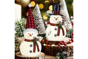 MWDJPXY 2 Pack Christmas Table Decorations, 14" Lighted Plush Snowmen Christmas Trees with Pine Cone Twigs, Light Up Snowman Holiday Present, Battery Operated Xmas Gifts Tabletop Ornaments (Black and Red)