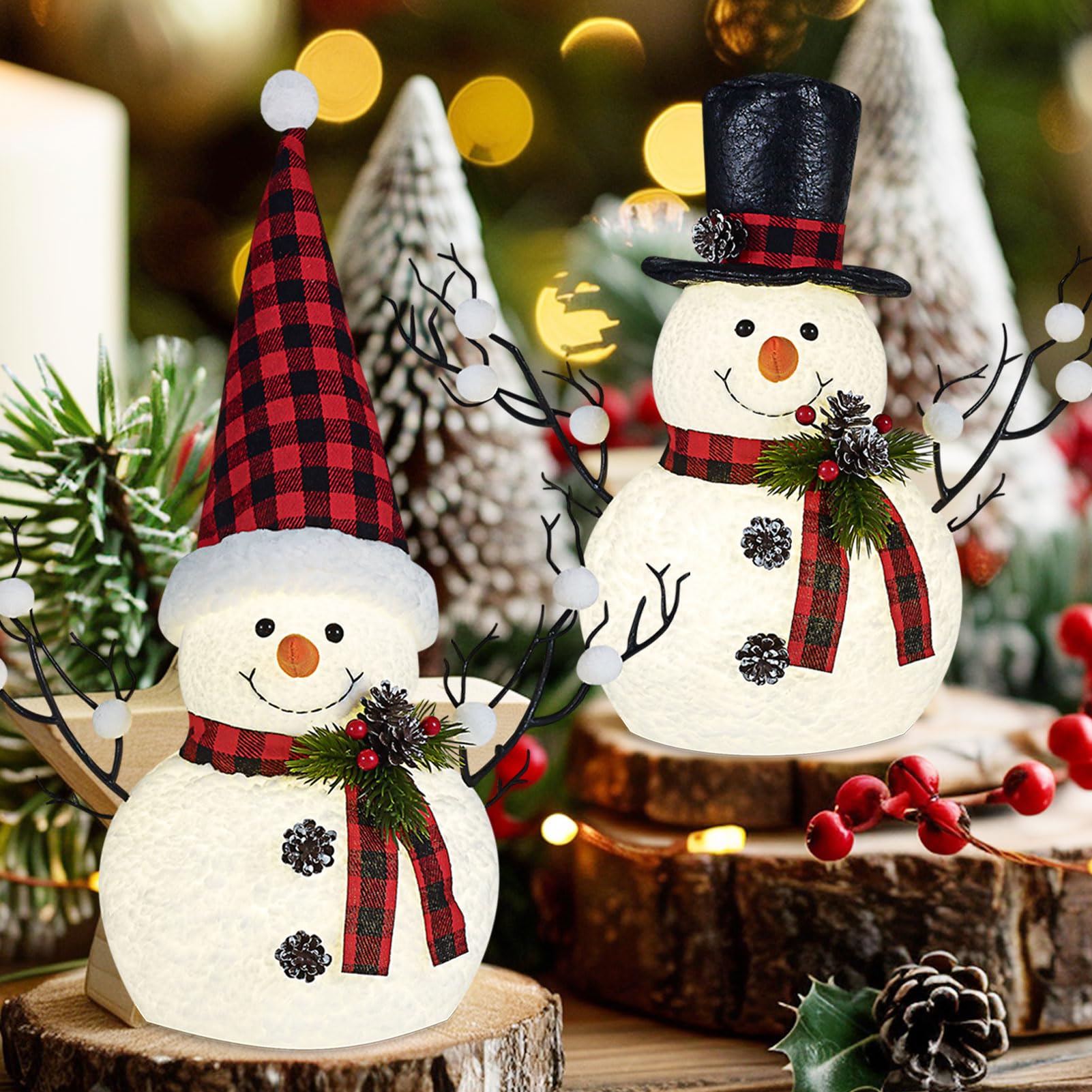 Photo 1 of 2 Pack Christmas Table Decorations, 14" Lighted Plush Snowmen Christmas Trees with Pine Cone Twigs, Light Up Snowman Holiday Present, Battery Operated Xmas Gifts Tabletop Ornaments (Black and Red)
