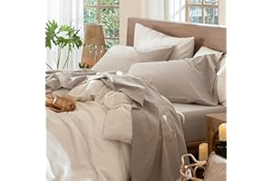 MooMee Bedding Sheet Set 100% Washed Cotton Linen Like Textured Breathable Durable Soft Comfy (Heathered Tannish Linen Grey, King)