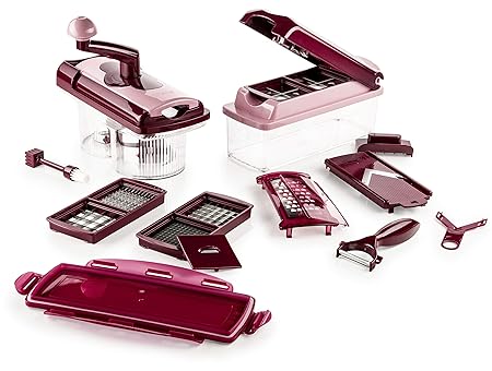 Genius Nicer Dicer Plus inkl. Nicer Twist | Rubin-Rot | 21 Teile | Schneiden | Reiben | Hobeln | Mixen | Würfeln | Obst und G