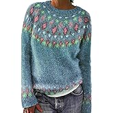 qvdvap Fair Isle Sweater Women,Oversized Knit Vintage Argyle Embroidered Pullover Sweaters Cozy Boho Winter Tops