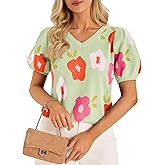 Cicy Bell Womens Puff Short Sleeve Sweater Tops 2026 Spring Summer Floral Pullover V Neck Casual Knit T Shirts