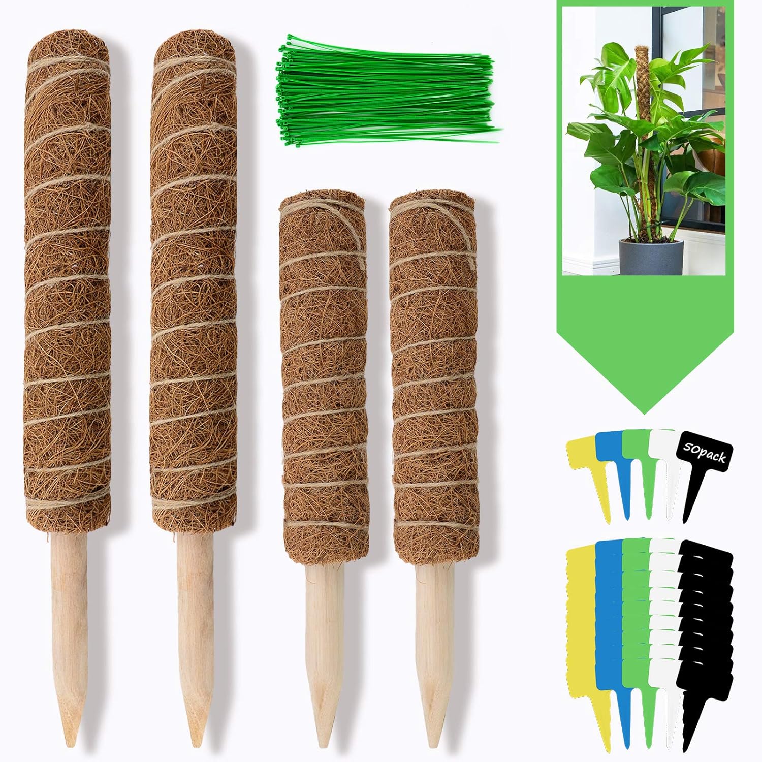 COCHIE Rankhilfe Pflanzstäbe Holz Kokos Kokosstab Holzstab Moosstab Pflanzstab Baumpfahl Bambusstangen Pflanzenstäbe Rankenhilfe Pflanzenstab Rankstäbe für Monstera Pflanzen Kletterpflanzen