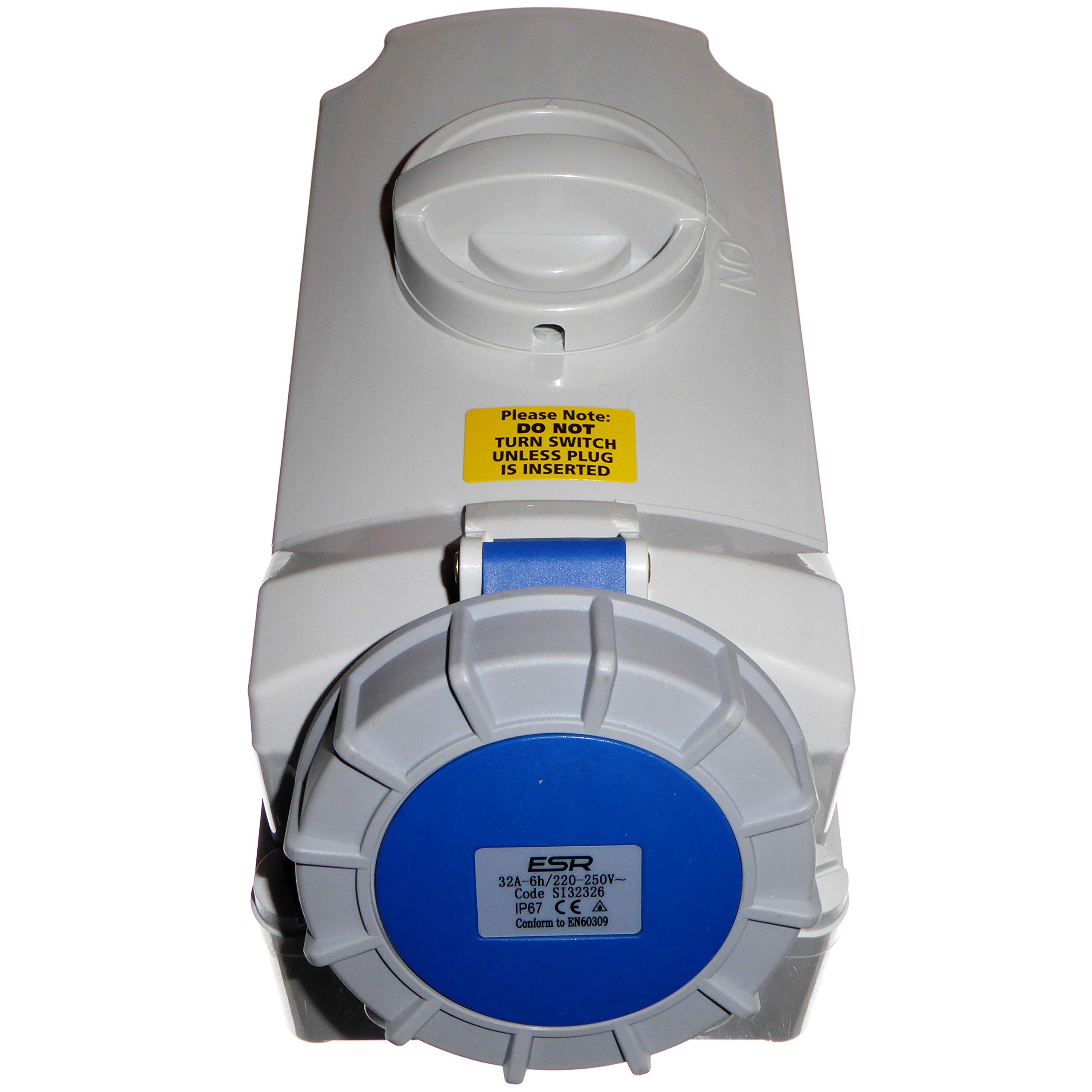 32 amp switched interlock 3 pin socket 220V - 250V IP67 2P+E waterproof blue single phase interlocked connector 32A