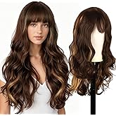 SHESHAIR Long Brown Wigs for White Women Kinky 26 Inch Glueless Wig 180% Density Wear Curly Wavy Wigs with bangs Brown Mixed Blonde Wig Upgraded Protein Fiber Hair for Daily Party Use.
