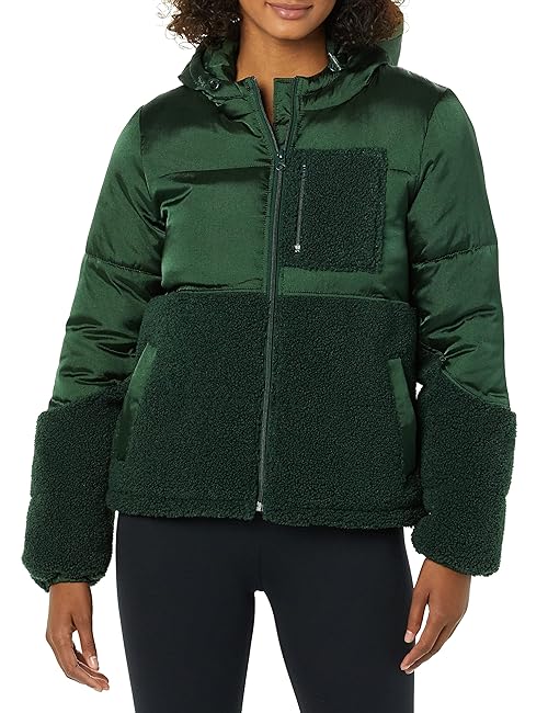 Amazon Essentials Women's Full-Zip Sherpa Fleece Hooded Puffer Jacket, Dark Green Shiny, XX-Large