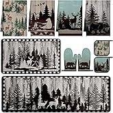 Fourluoo 10 Pcs Farmhouse Kitchen Decor Set Dish Towels Kitchen Rugs Oven Mitts and Pot Holders for Cooking Baking Grilling Women Mom Daughter Gift (Brown,Green,Forest)