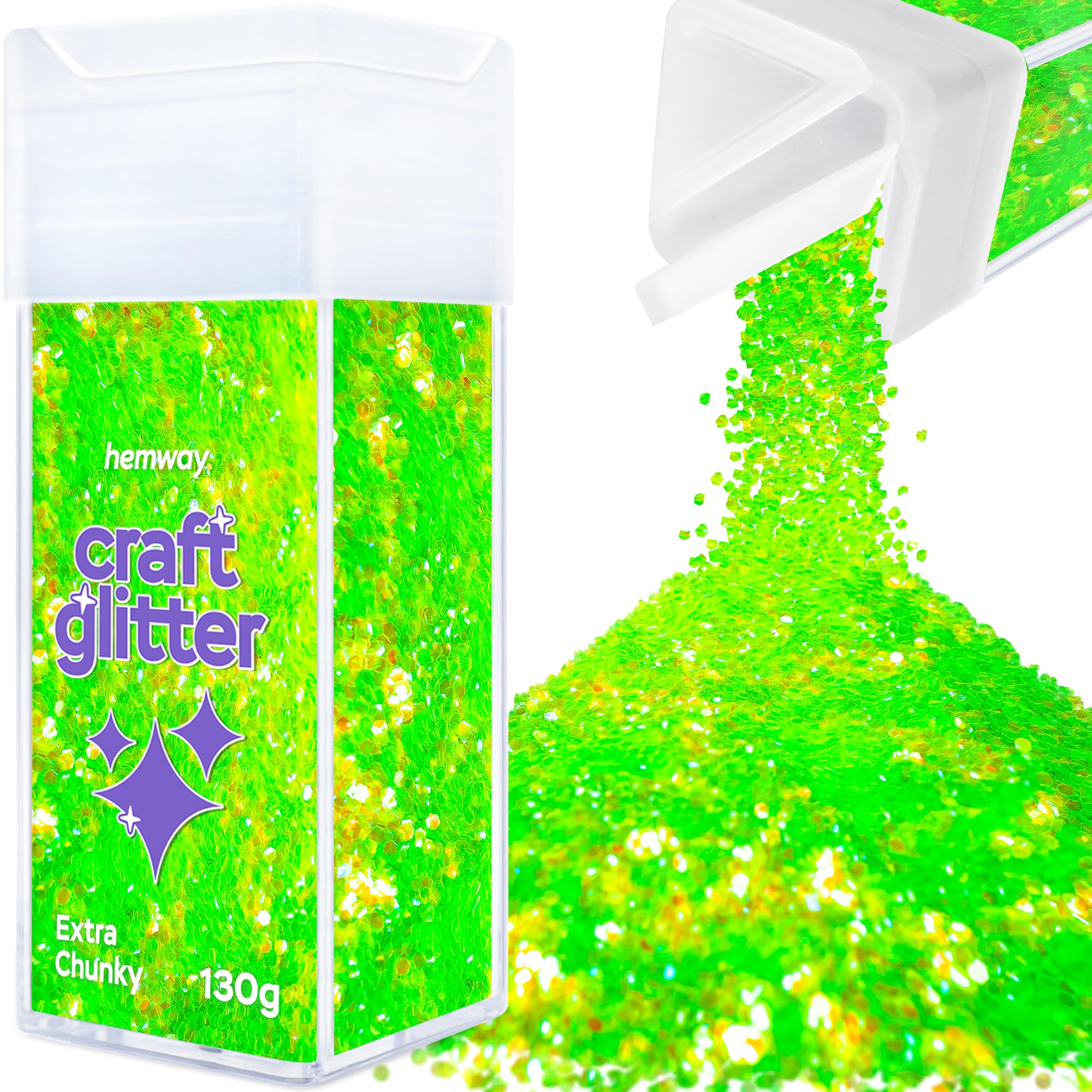 Hemway Glitter Shaker Fluorescent Green 110g Extra Chunky, Craft Glitter Shaker for Resin & Epoxy Crafts, Christmas Art Supplies, Nail, Body, Face, Eye, Festival, Crafting, Slime, Sparkle