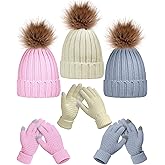 Haysandy 6 Pcs Winter Beanie Hat Gloves Set for Women Warm Knitted Hat Skull Cap with Pom Pom and Touchscreen Glove for Women