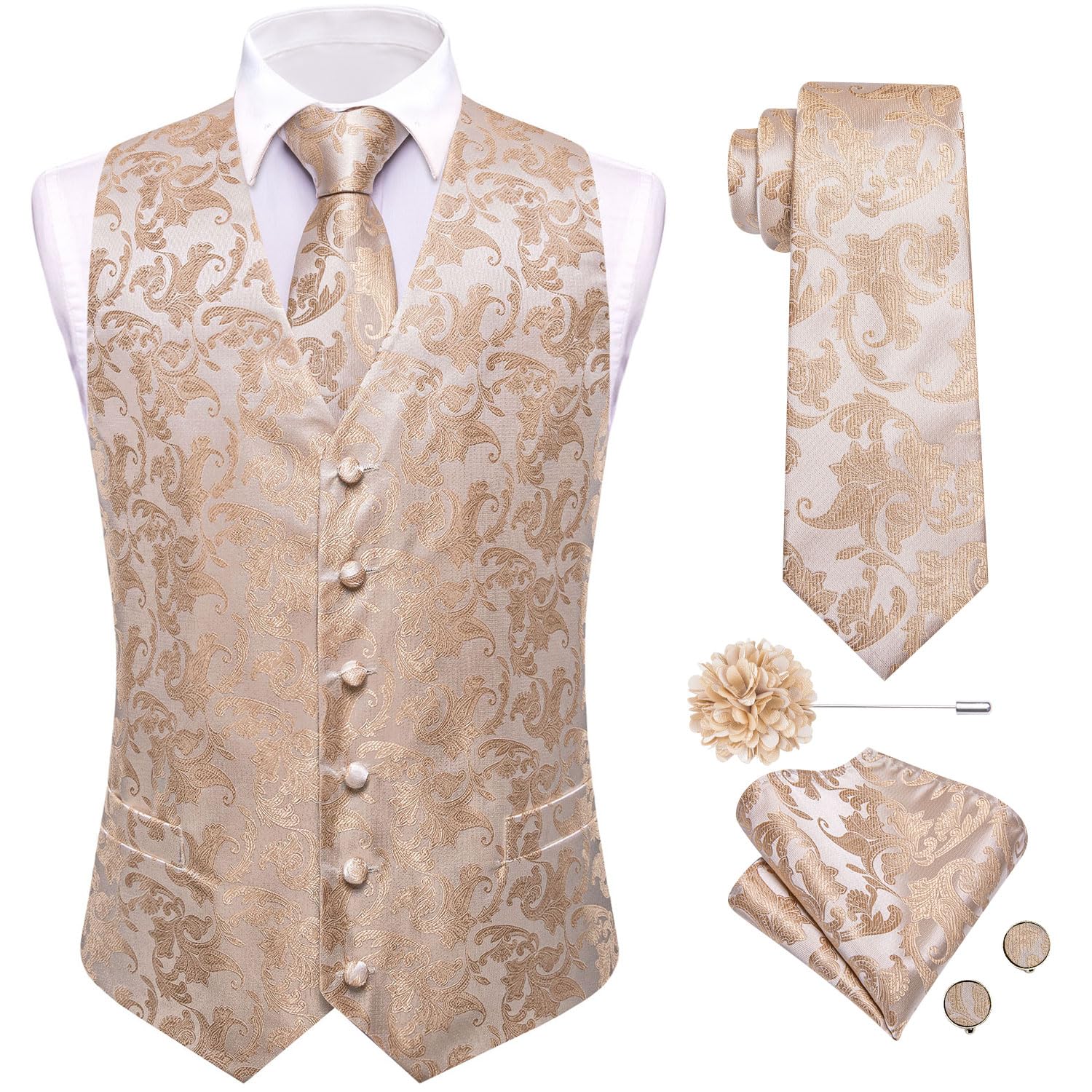 Hi-Tie Champagne Silk Paisley Waistcoat Men 5PCS Necktie Pocket Square Cufflinks Lapel Pin Formal Wedding Tuxedo Image