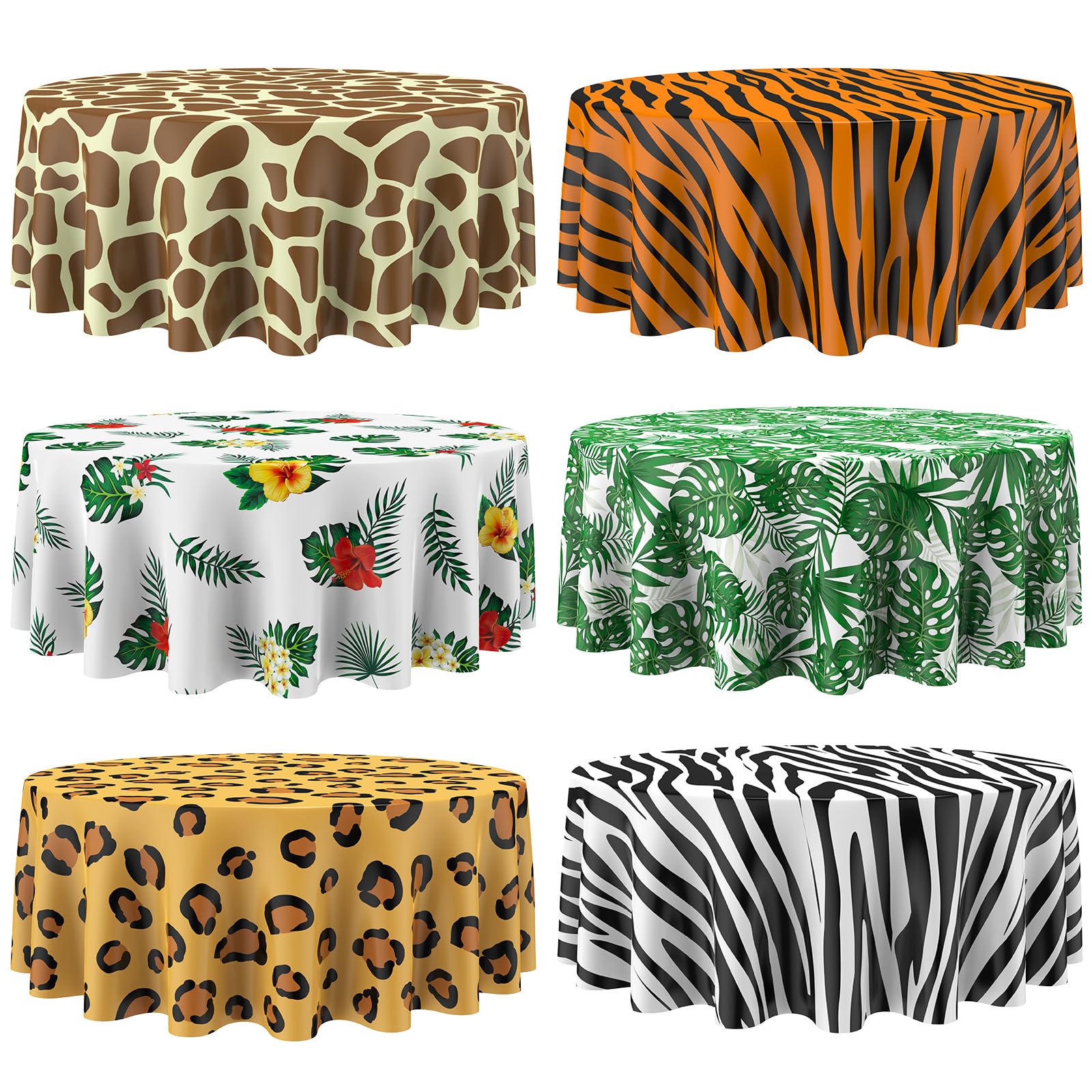 Photo 1 of Oudain 6 Pcs Round Jungle Safari Tablecloth Animal Print Table Cover Tropical Leaf Tiger Zebra Giraffe Print Table Cloth Wild Decoration for Zoo Party Birthday Baby Shower