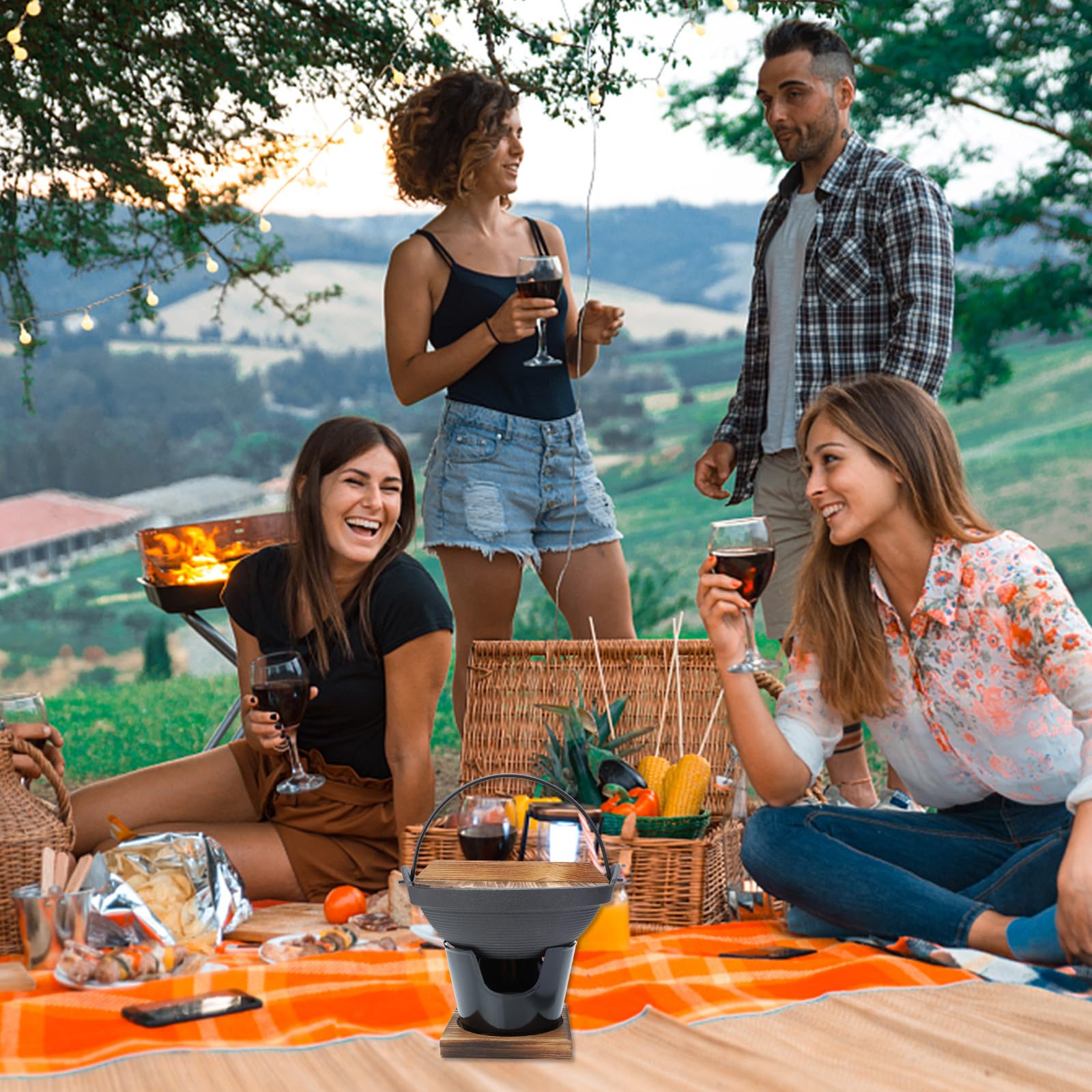 Lurrose Sukiyaki Camping Kochgeschirr Satz aus Gusseisen mit Energiesparender Wärmespeicherung und Ölnebelschutz Praktischer Topf für Picknicks und Outdoor Aktivitäten 4