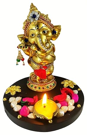 Sacred Blessings Ganesha Idol for Gift with Brass Diya and Ghee Wicks (15 cm x 15 cm x 16.5 cm, Gold) Decorative Showpiece