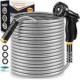 100 FT Metal Garden Hose, Stainless Steel Heavy Duty Water Hose With 10 Function Nozzles, Flexible No-Kink, Pet-Proof, Puncture-Proof Rust-Proof for Yard, Outdoors
