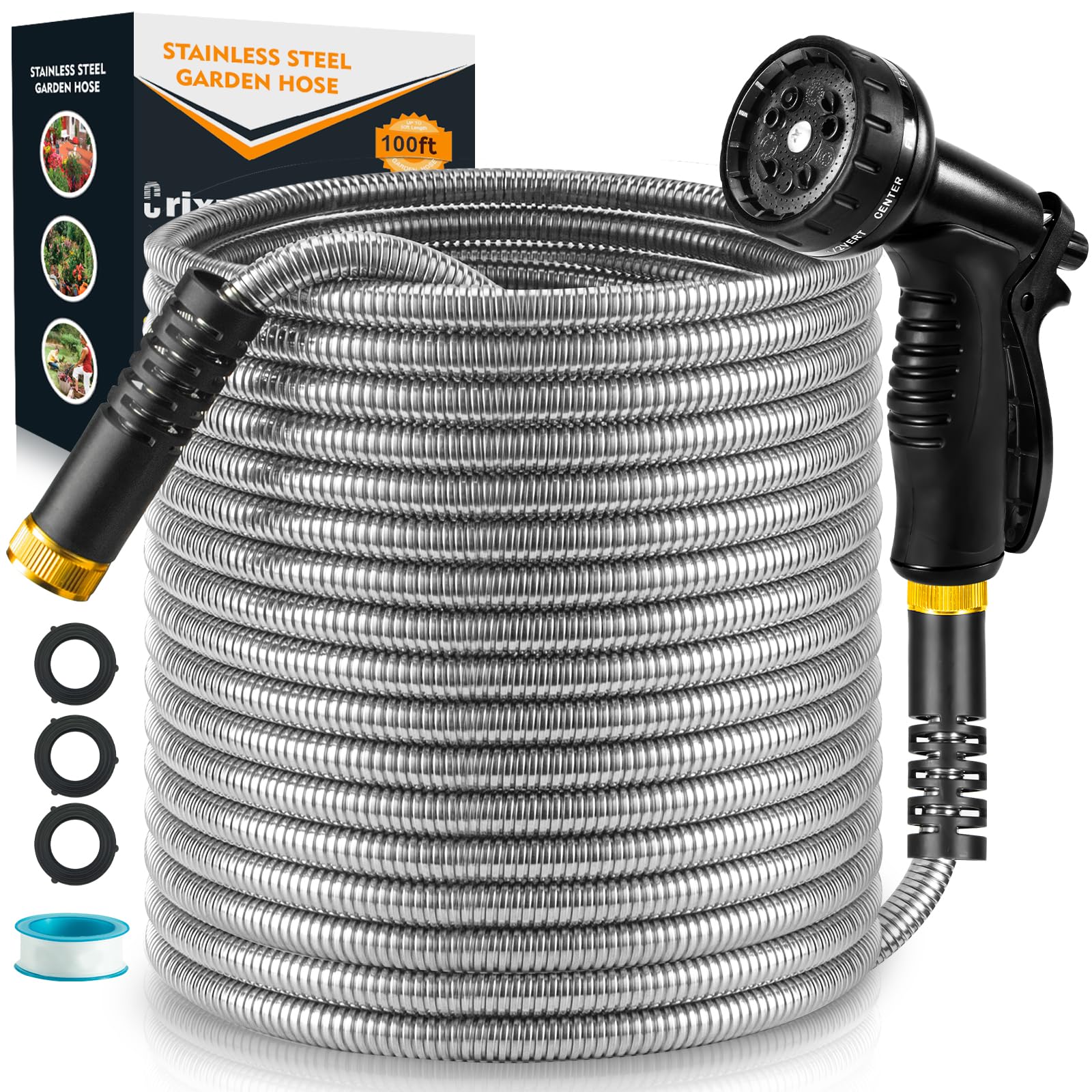 Photo 1 of 100 FT Metal Garden Hose, Stainless Steel Heavy Duty Water Hose With 10 Function Nozzles, Flexible No-Kink, Pet-Proof, Puncture-Proof Rust-Proof for Yard, Outdoors