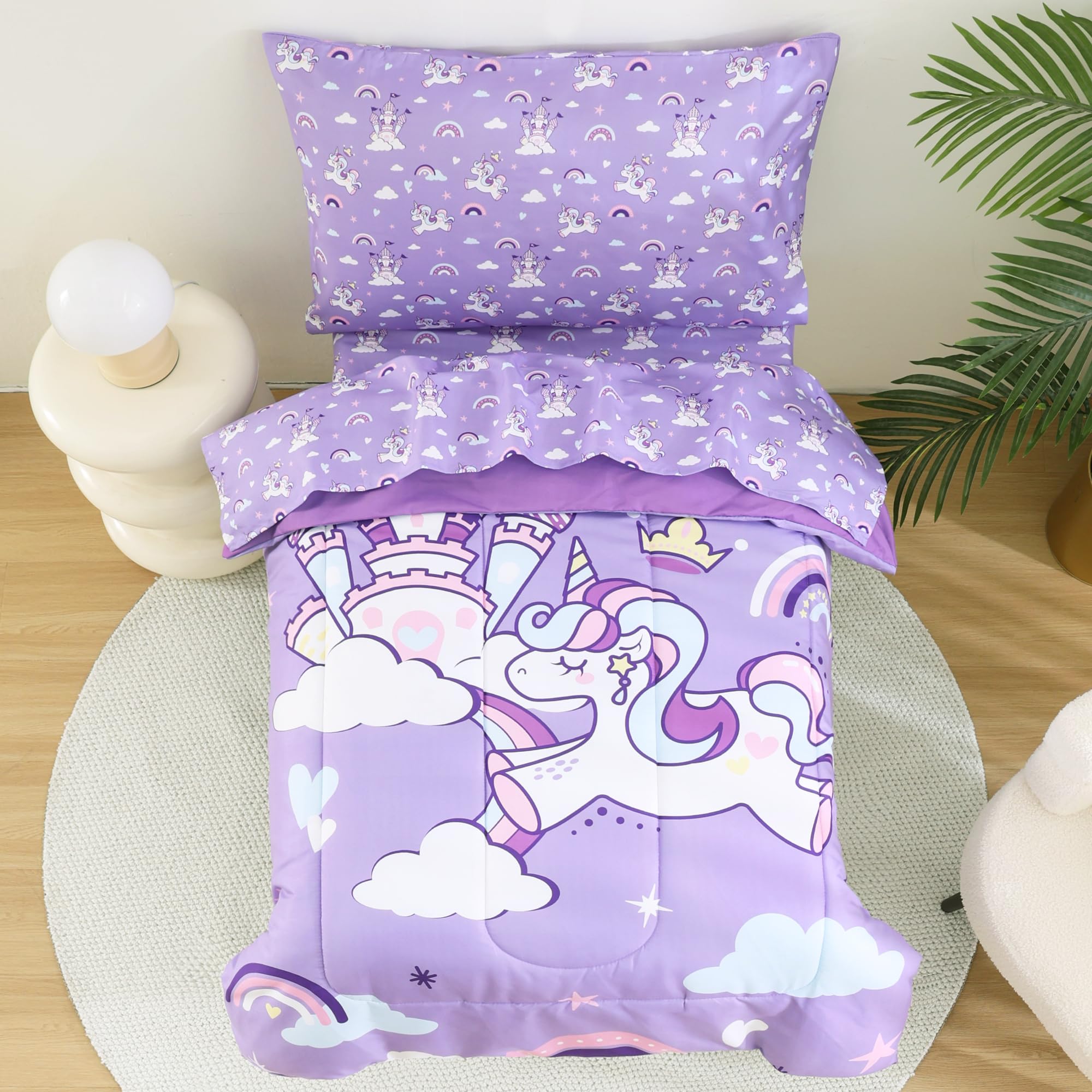 Photo 1 of lasoftan Toddler Bedding Set, 4 Piece Bed-in-a-Bag Toddler Bed Comforter Sets for Girls, Toddler Bed Set, Purple Unicorn Printed, Toddler Comforter, Machine Washable