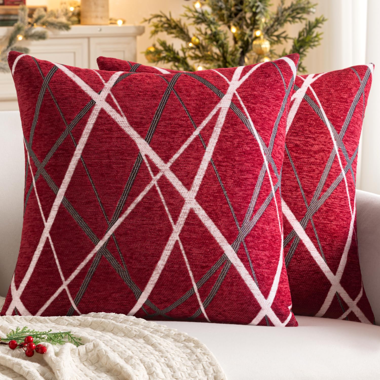 MIULEE Christmas Cushion Covers Cushions for Sofa Modern Line Decorative Square Luxury Pillowcases for Couch Livingroom Sofa Bed with Invisible Zipper 40cm x 40cm 16x16 Inches 2 Pieces Red