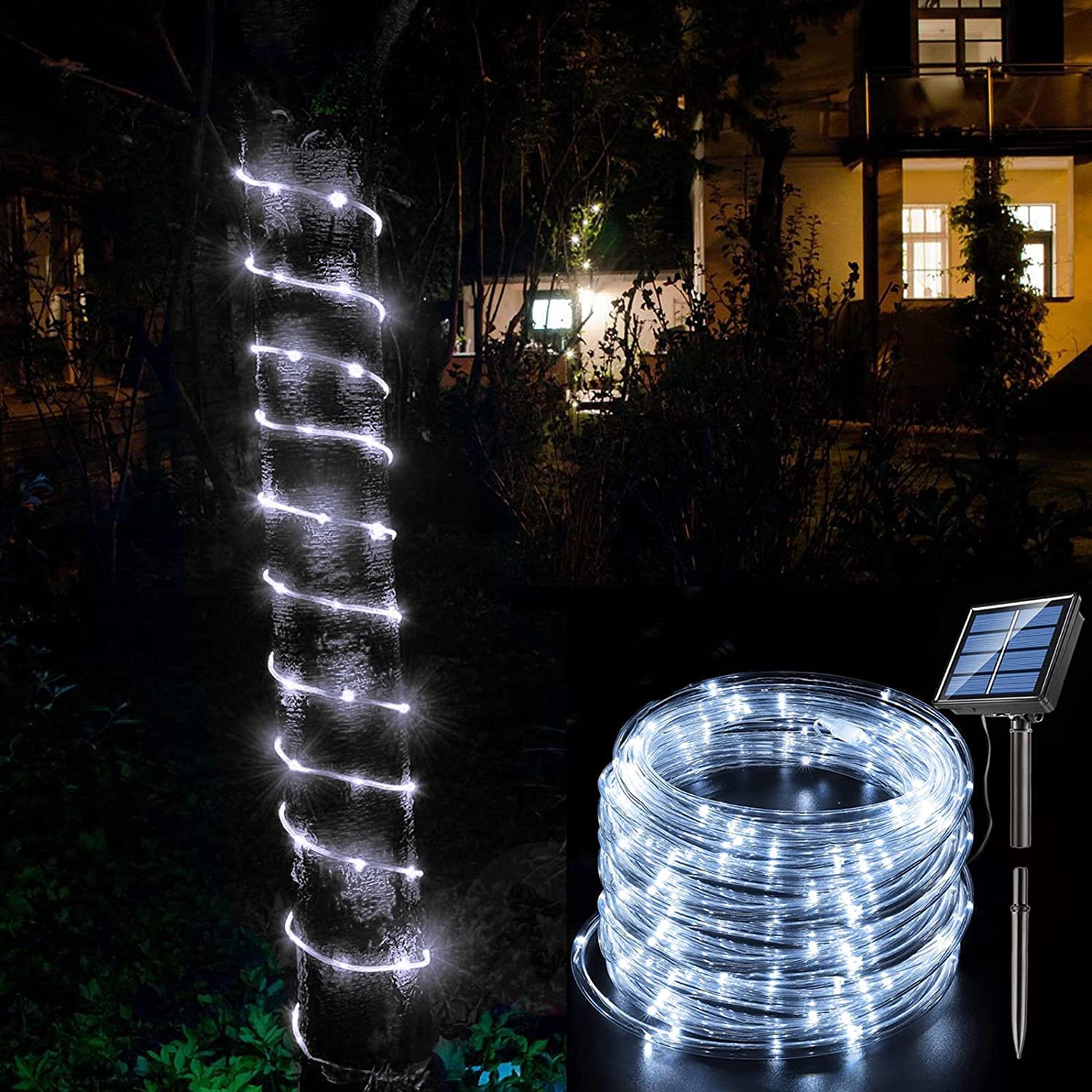 cuzile Solar Rope Lights 50 LED White String Lights Tube Light Sensor Decoration for Christmas Tree Wedding Thanksgiving Party Garden Lawn Patio