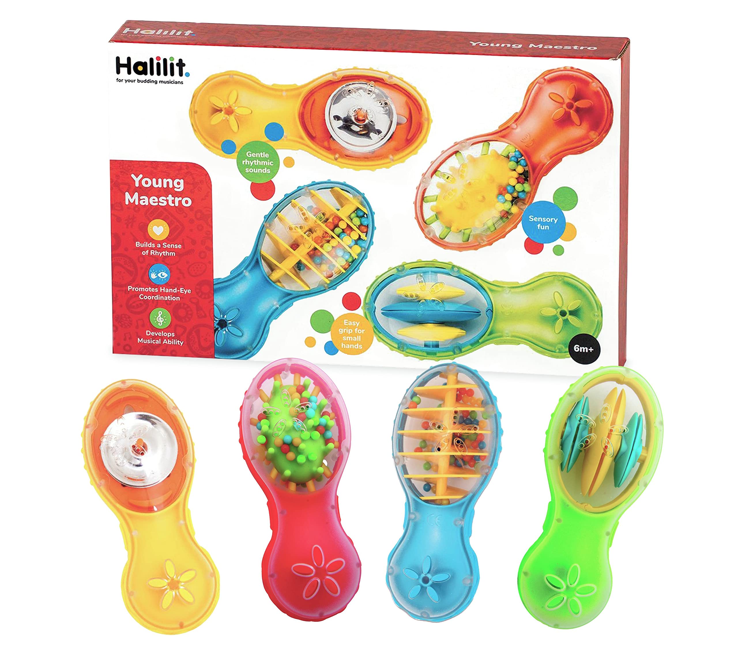 Halilit Young Maestro Baby Musical Instrument Set – 4 Real Sensory Shaker Toys | BPA-Free Infant Rattles for 6 Months+ | Easy Grip Music Toys for Early Learning & Sensory Development