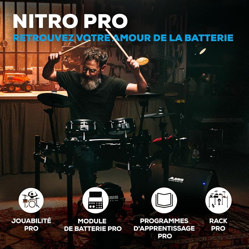 Nitro Pro batterie électronique avec pads double zone silencieux, plus de 500 sons BFD, Bluetooth, Drumeo, MIDI USB, compatible double pédale