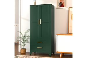 pozdeg Metal Armoire Wardrobe Closet, 71 "Tall Clothing Storage Cabinet with Hanging Rods and 2 Drawers, Household Closet Organizers with Adjustable Shelves for Home Office or Gym (Armoire-Green)