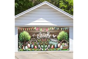 COVEIMES Easter Garage Door Decoration, Happy Easter Garage Door Banner with Bunny Eggs, Cute Large Easter Birds Spring Flower Grass Cover Background Decal for Outdoor Indoor Hanging Party Supplies