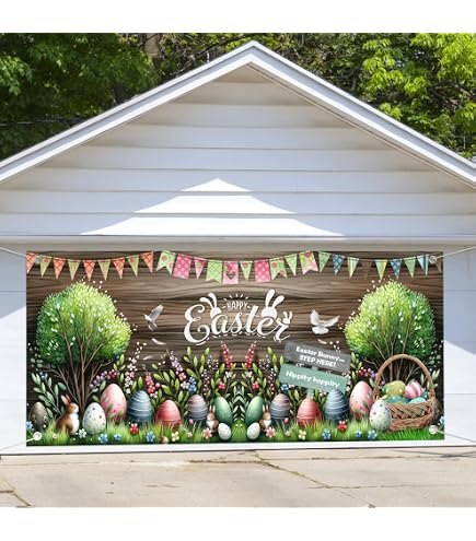 thumbnail image 2 of Easter Garage Door Decorations Cover Banner,Spring Easter Backdrop Garage Door Cover Banner,Easter Eggs Car Bunny Rainbow Flower Garden 2 Car Garage Door Banner For Outdoor Holiday Decorations 6x8ft1 2 of 13