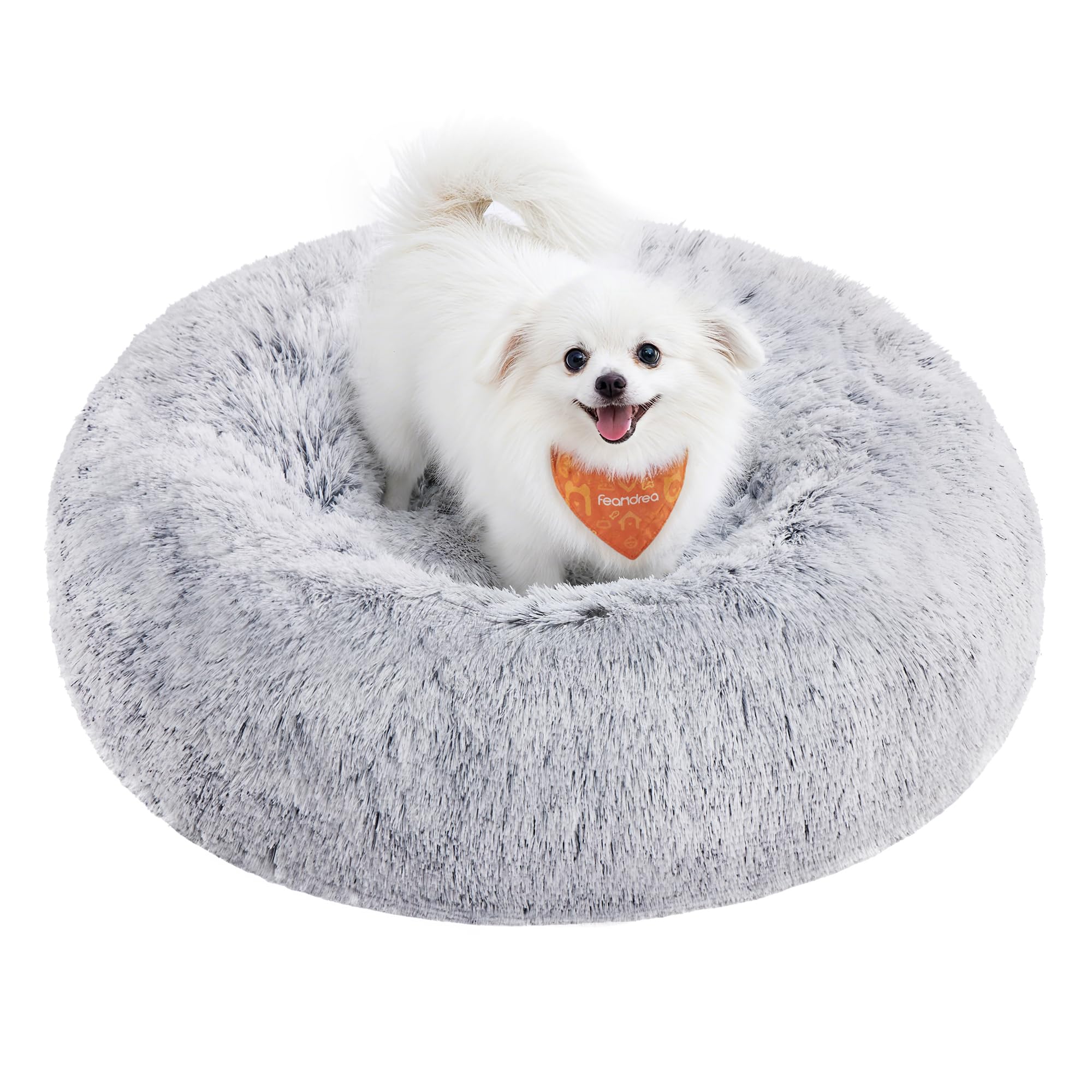 Feandrea Fluffy Dog Bed, Cat Bed, Doughnut Cushion, Washable, Removable Padding in the Centre, Long Plush, 60 cm Diameter, Ombre Grey PGW038G01