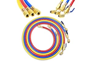 KLENZMATE 2025 New 29985 Plus II 1/4"HVAC Hose, 60" (5FT),with Compact Ball Valve, Refrigerant Hose with Standard 1/4" Flare Fittings, For Common Refrigerants, Red/Yellow/Blue, (Pack of 3)