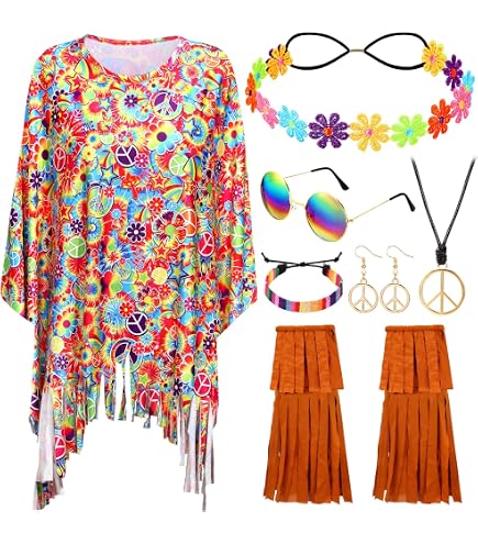 Set De Disfraz Hippie Para Mujer - Pantalones Acampanados, Diadema De Flores, Gafas Retro, Collar Y Pendientes De La Paz, Tallas S-XXL Para Fiestas De Los 70