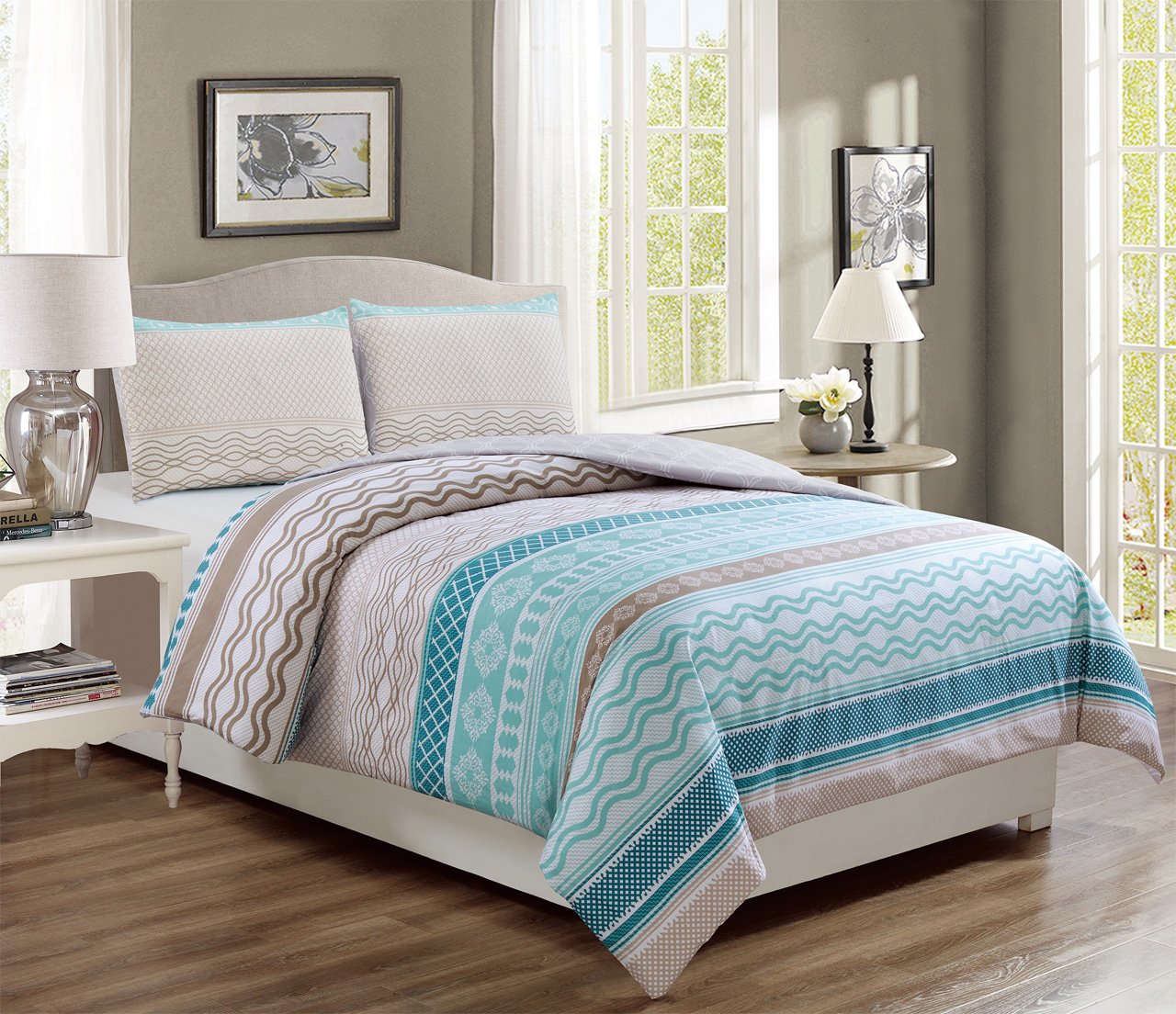 Estero Teal Taupe Reversible Bed In A Bag W 500tc Cotton Sheet Set