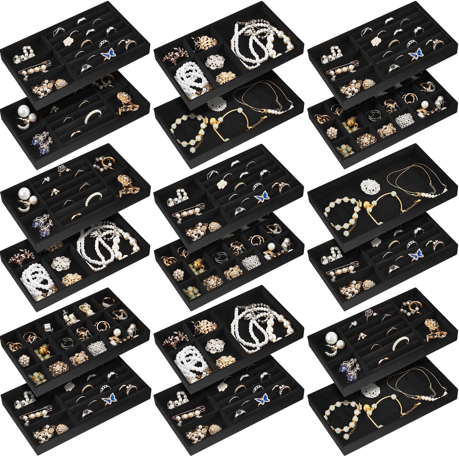 Photo 1 of Junkin 18 Pcs Velvet Jewelry Tray Stackable Jewelry Drawer Organizer Jewellery Box Divided Display Tray for Earring Bangle(Black)