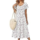 Zeagoo Women Midi Dresses for Summer 2026 Short Sleeve Casual Flowy Dress A Line Pleated V Neck Beach Sundress with Pockets