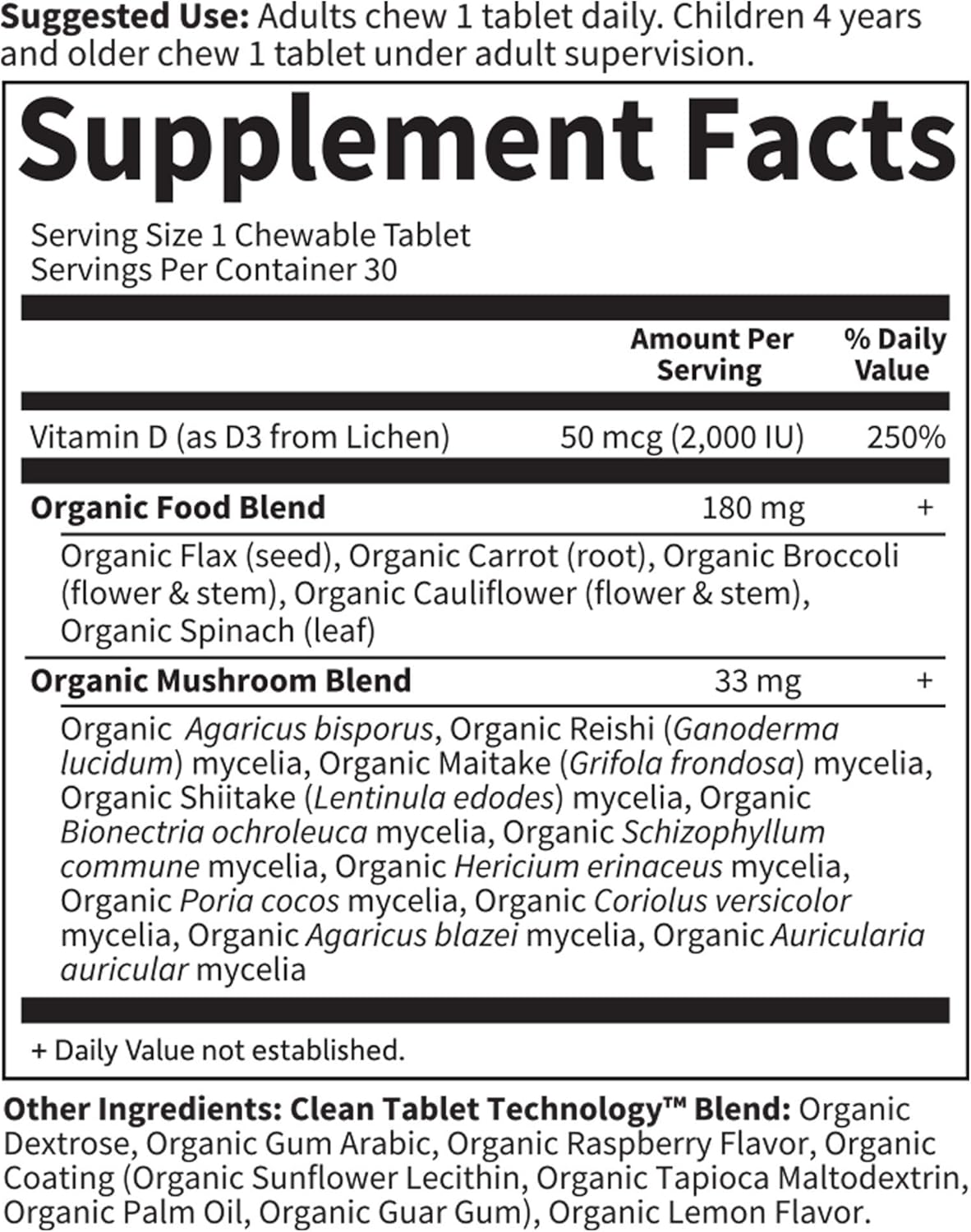 Garden of Life Organic Vitamin D - mykind Organics Vegan D3 Chewable - Raspberry Lemon, 2,000 IU (50mcg) Whole Food Vitamin D3 from Lichen plus Food & Mushroom Blend, Gluten Free, 30 Chewable Tablets: Health & Personal Care