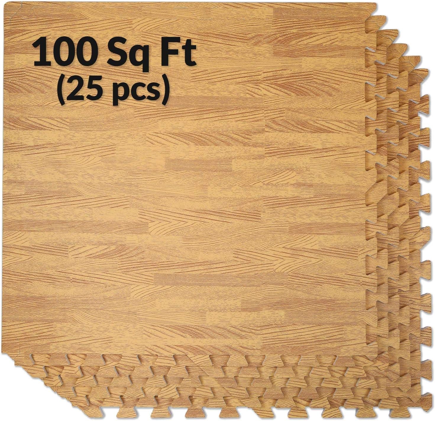 Clevr 100 sq ft. Interlocking EVA Foam Floor Mat Tiles (24" x 24") 25 pcs | Protective Flooring for Home Office Playroom Basement Trade Show | Wood Grain or Granite Print | 1 Year Warranty