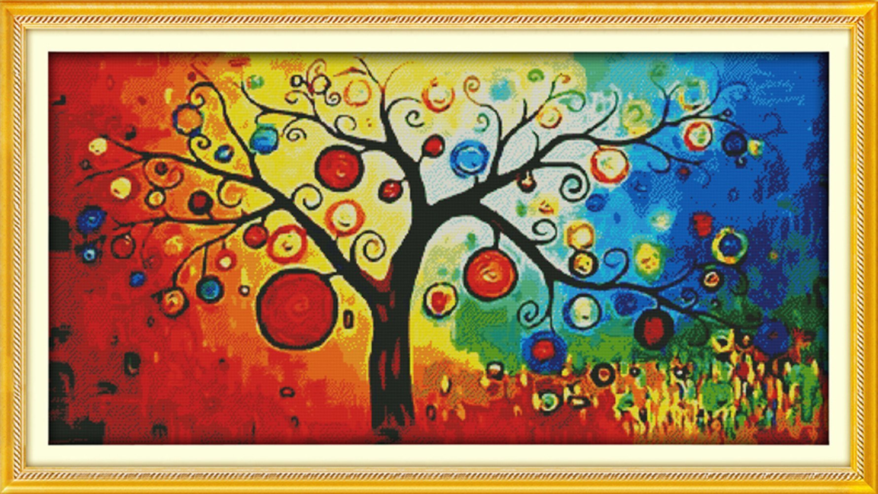 YEESAM ART Unstamped Cross Stitch Kits for Adults, Colorful Fruit Tree 14ct Counted Unprinted Embroidery Kit Needlework Wall Art Decor