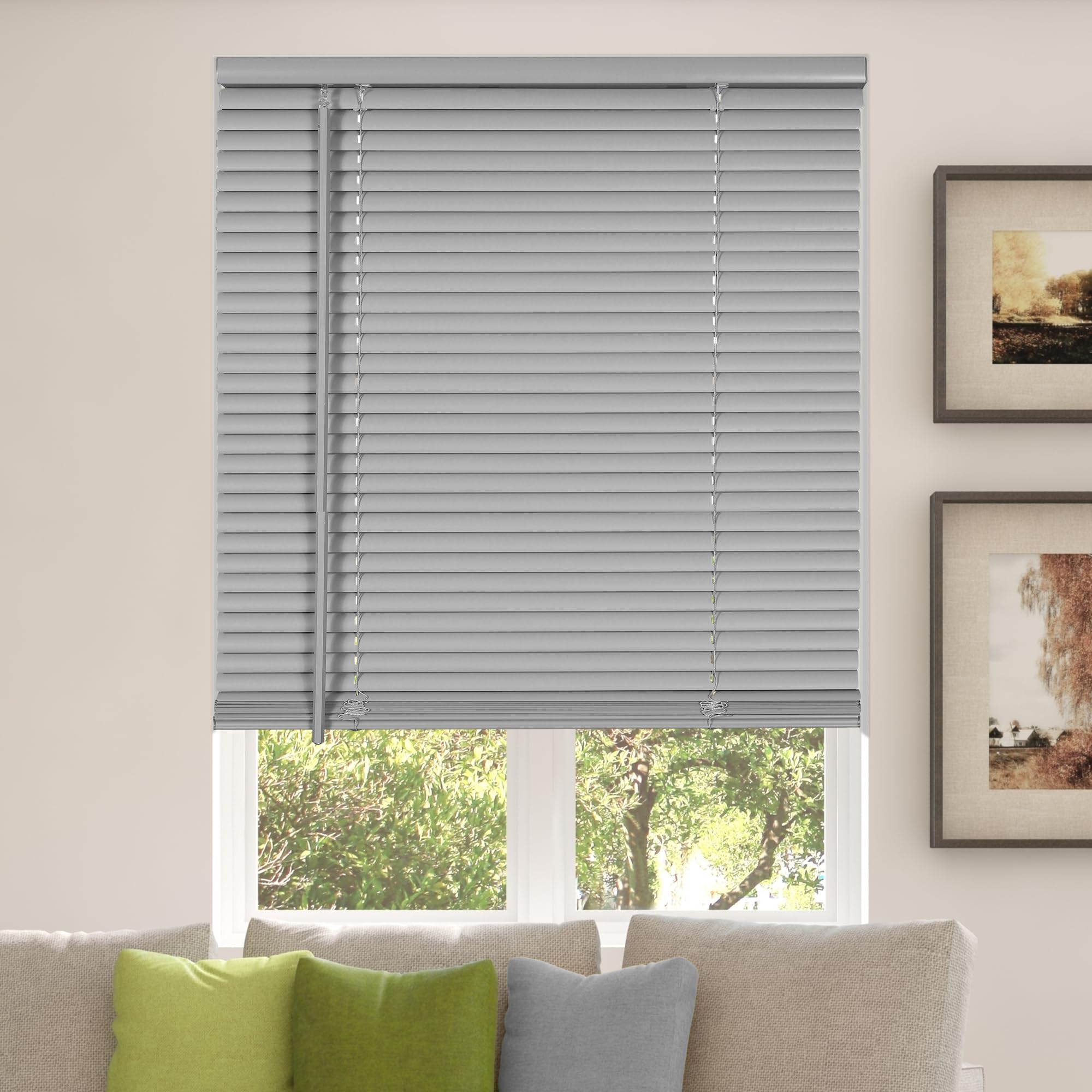 Calyx INTERIORS Room Darkening Vinyl Mini Blinds, Cordless, 1" Slat, 36" W x 60" H, Light Gray. Inside Mount in Windows 36.25 and Greater; Indoor Window Shades