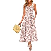 Annebouti Women 2026 Summer Spring Ruched Maxi Dress Adjustable Spaghetti Strap Floral Beach Long Sundress with Pockets